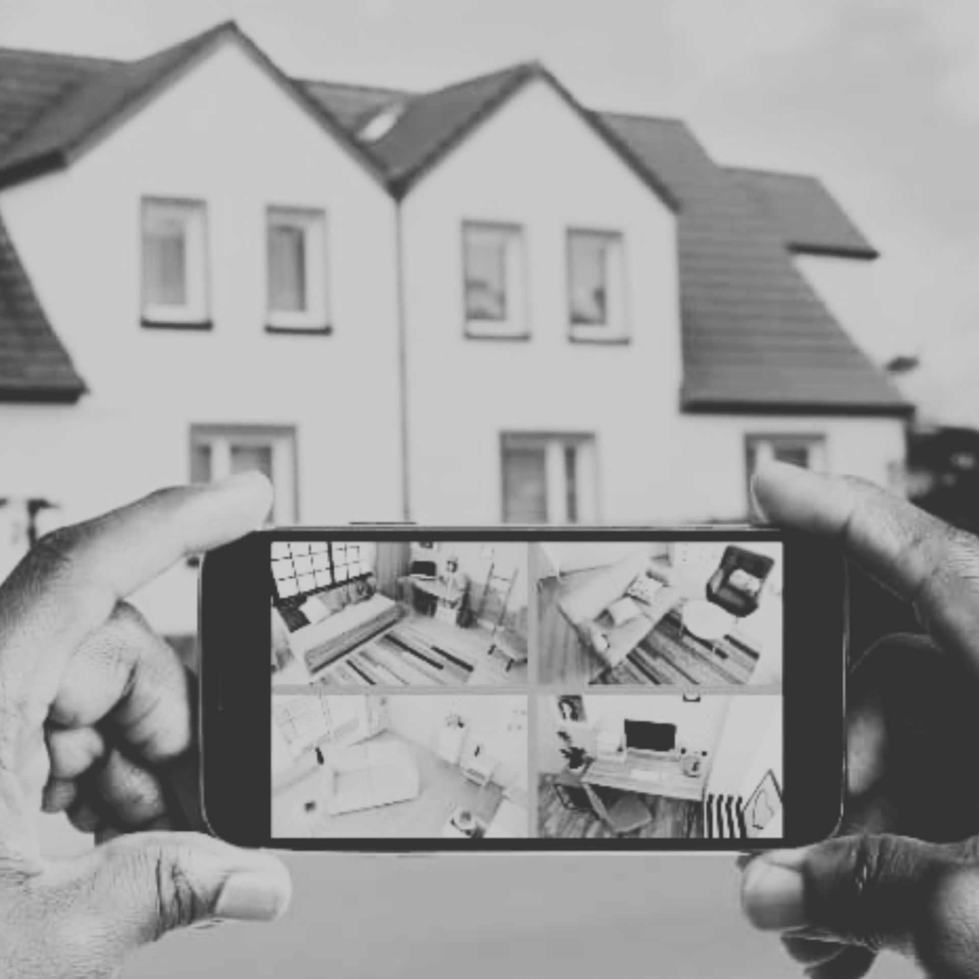 Hands holding a phone showing a four-panel home renovation collage in front of a house