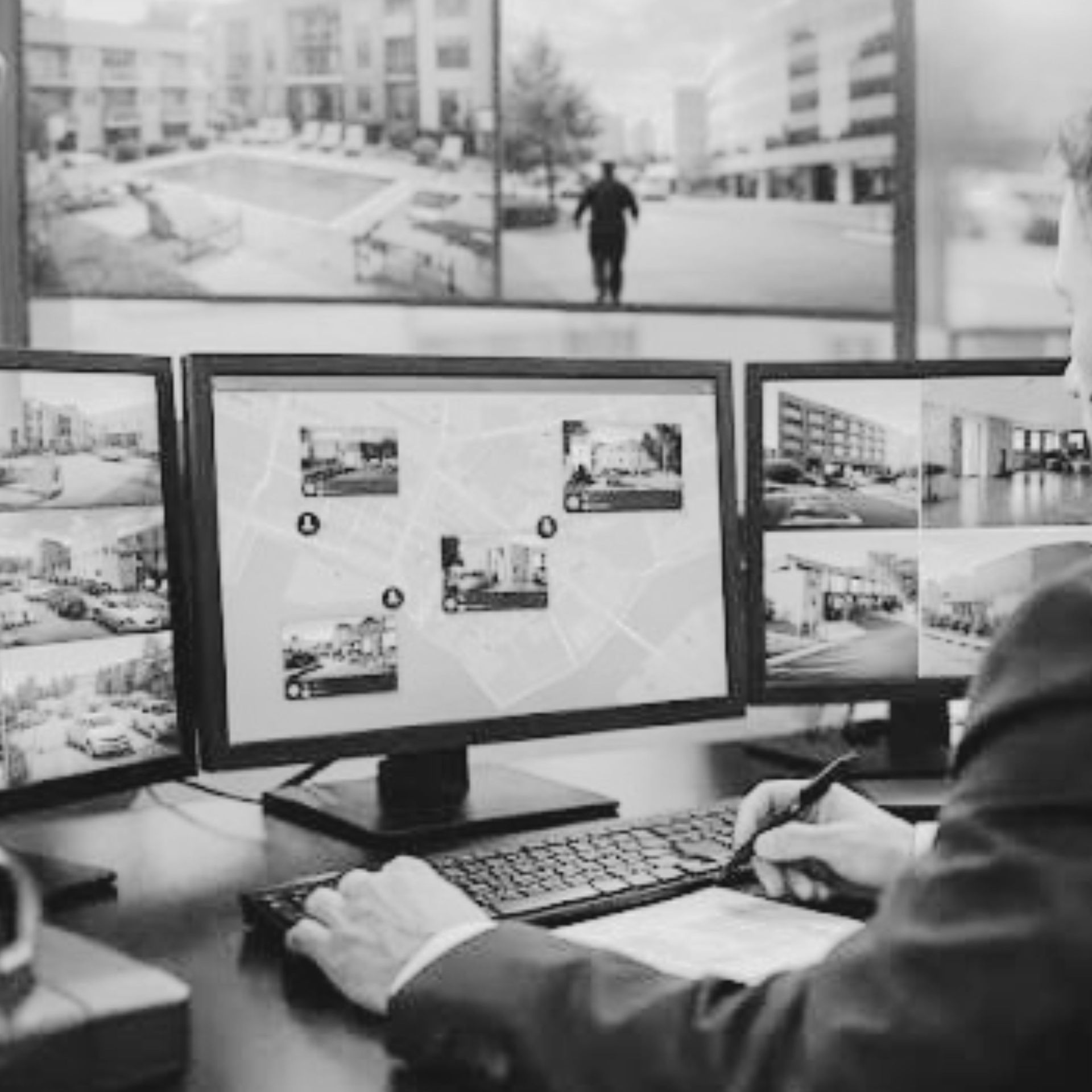 Person monitoring multiple security camera feeds on several computer screens at a desk