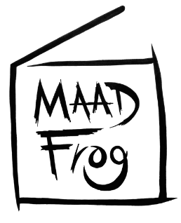 GK Marketing Online | A black and white logo for a radio station called maad frog