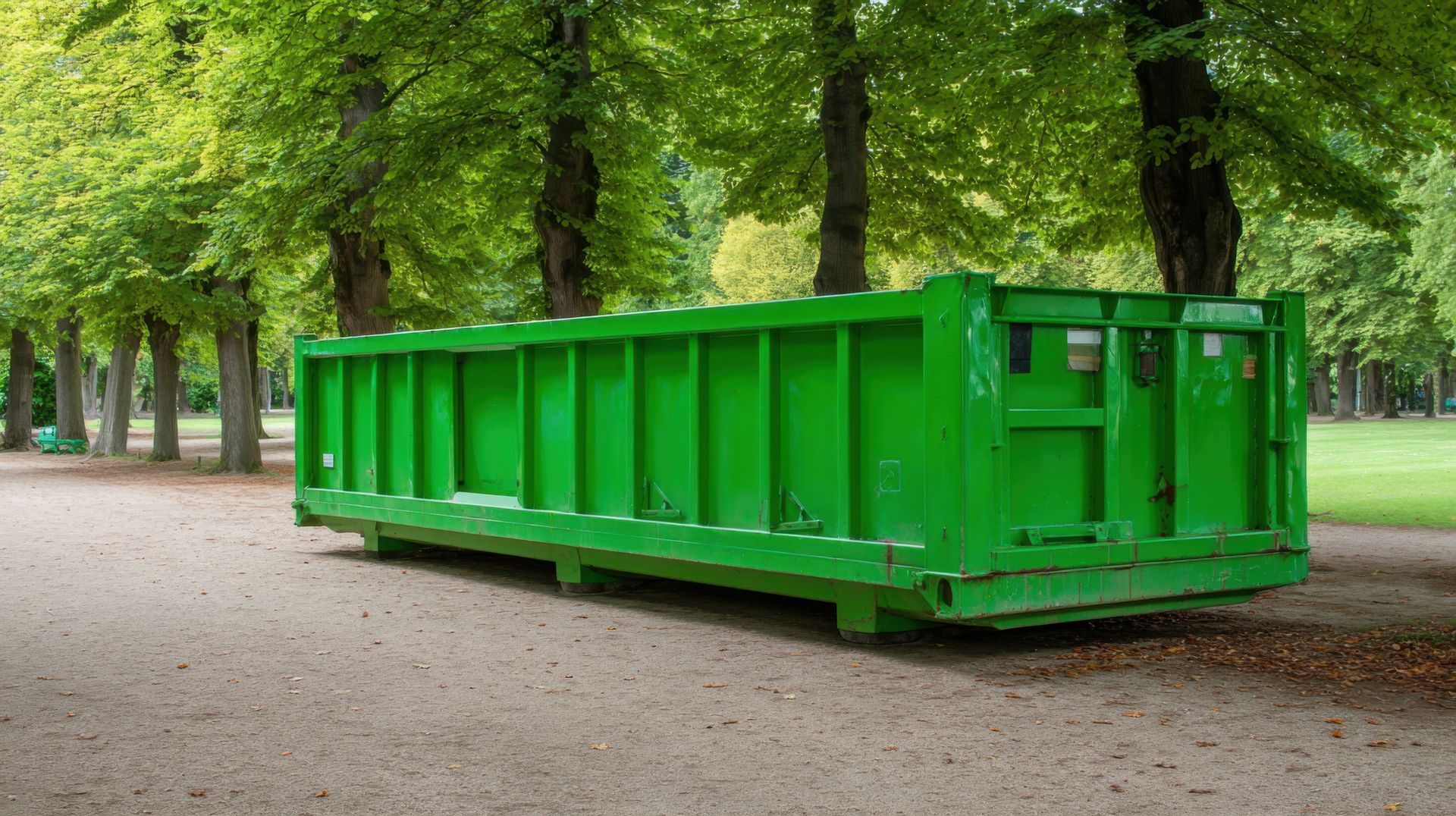 Green dumpster on a dirt path in a park, with trees in the background. Green dumpster on a dirt path in a park, with trees in the background.