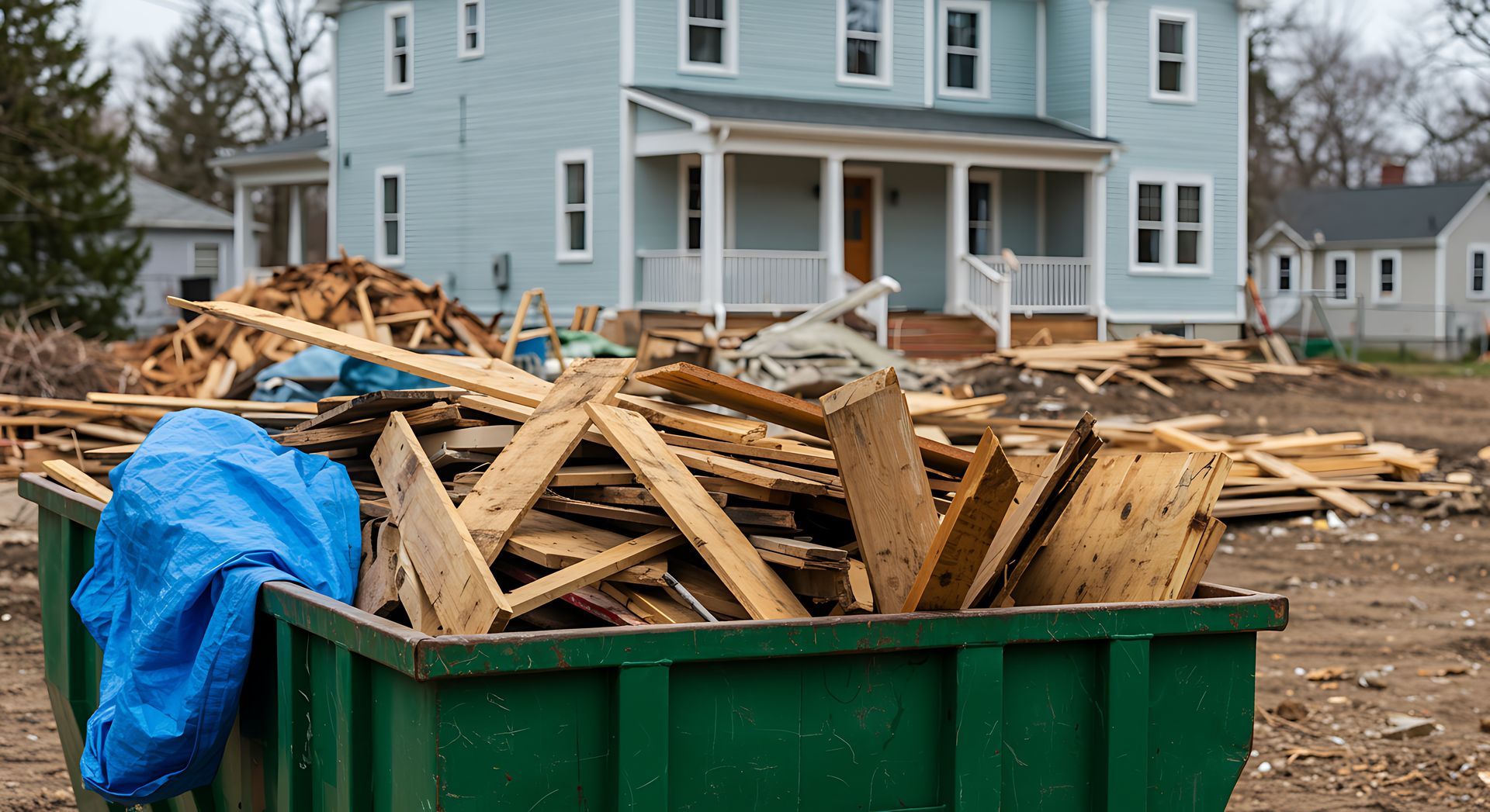 Green dumpster filled with wood debris; house in background under construction. Green dumpster filled with wood debris; house in background under construction.