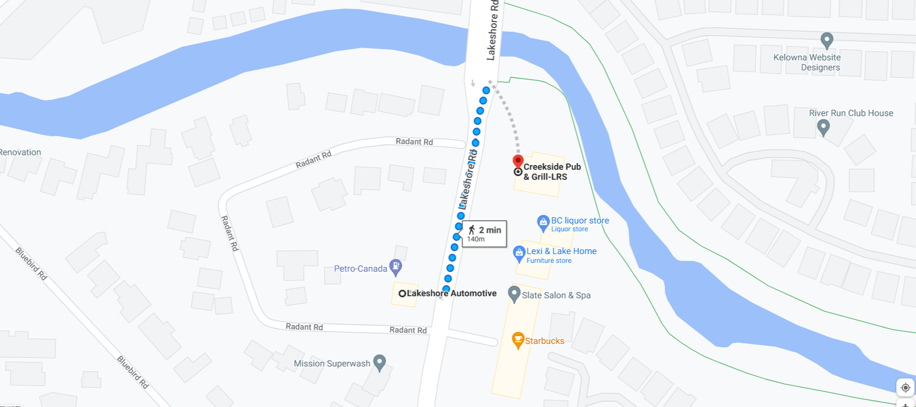 Walking directions from Lakeshore Auto Mechanic Shop in Kelowna to Creekside Pub & Grill-LRS