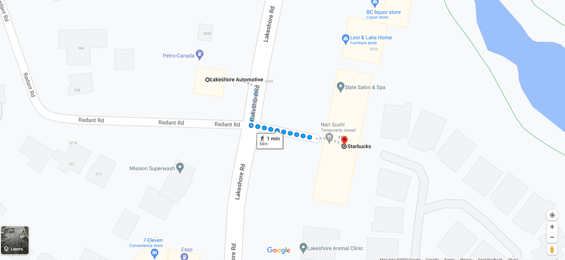 Walking directions from Lakeshore Auto Mechanic Shop in Kelowna to Starbucks