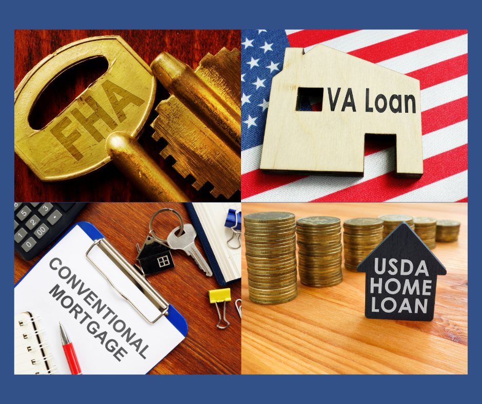 Collage of housing loan types: FHA, VA, conventional mortgage, and USDA, each represented by a key, house, and paperwork.