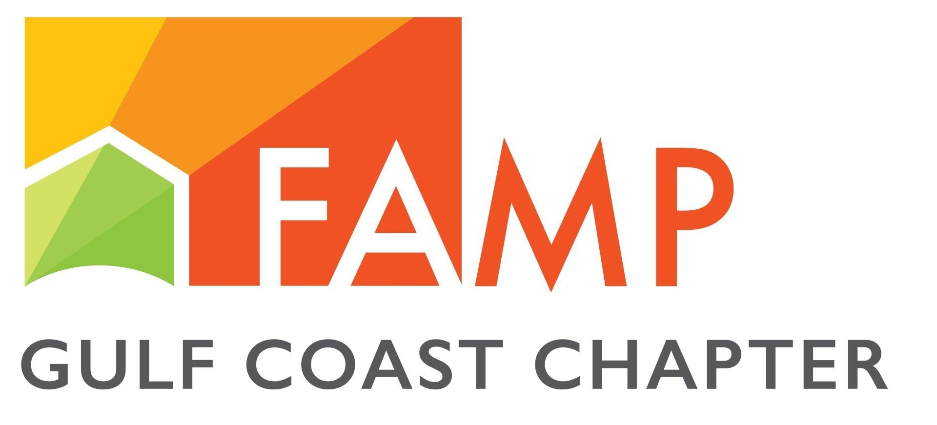 Logo for FAMP Gulf Coast Chapter, with a house icon and orange text on white background.