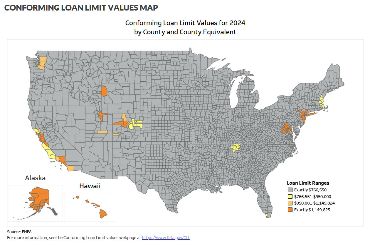 Map of the U.S. showing conforming loan limits by county. Colors indicate different loan limits for 2024.