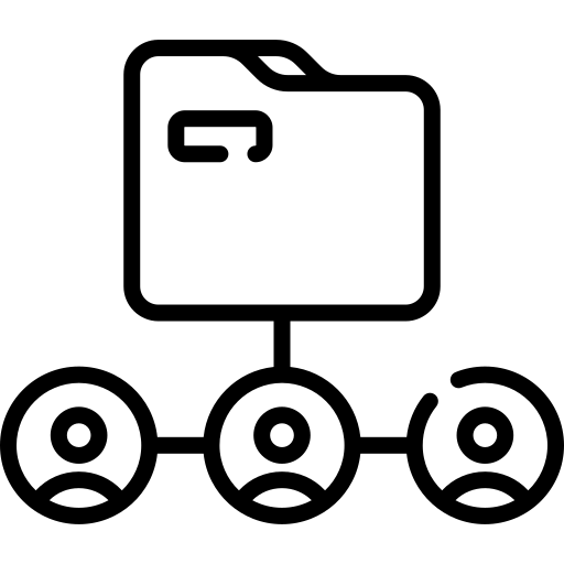 Folder icon connected to three user profile icons, representing shared files.