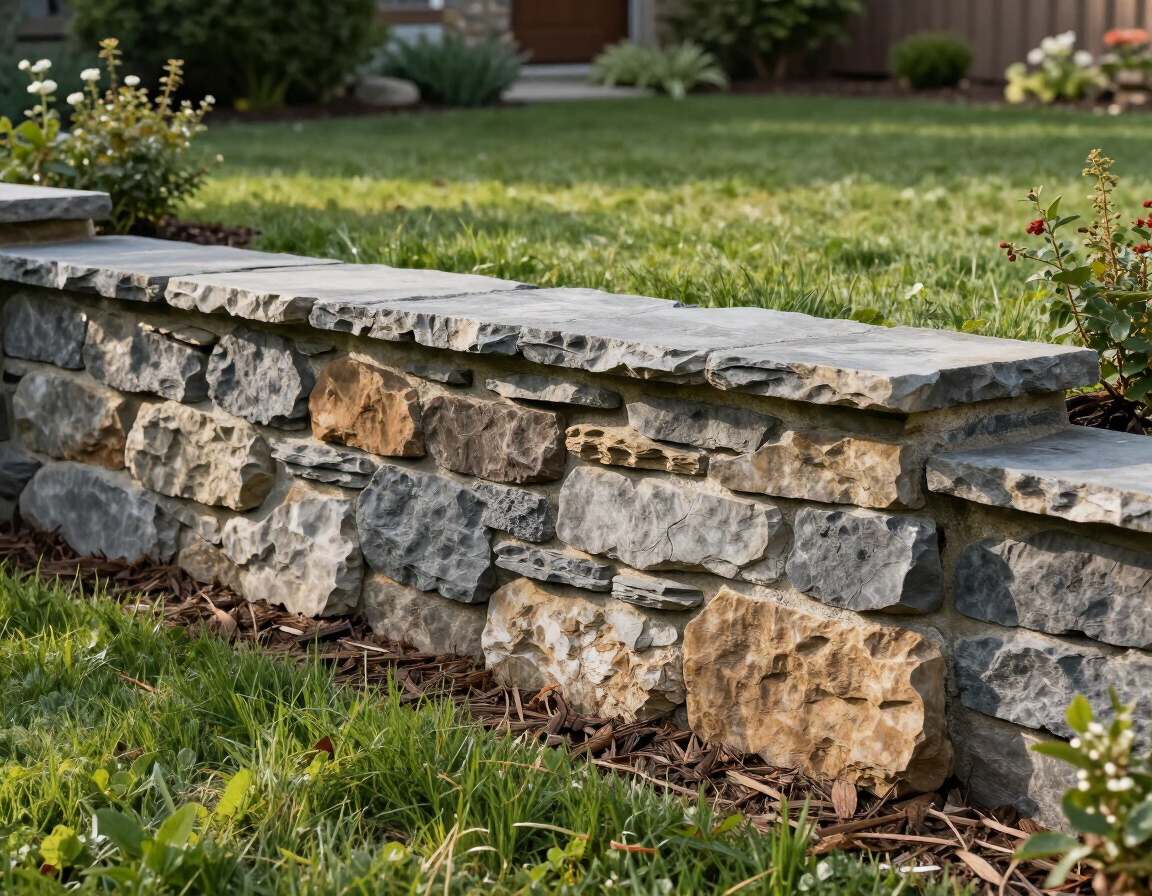 Stone retaining wall in a backyard landscape