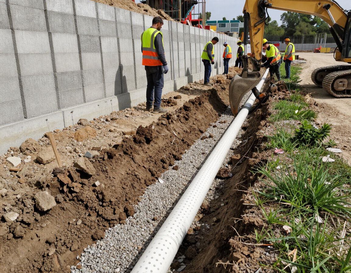 Retaining wall drainage installation during construction