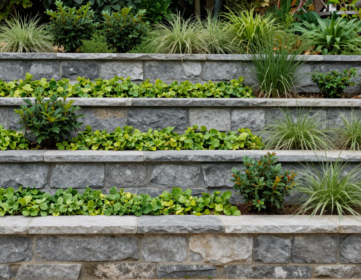 Tiered terraced retaining wall with plants