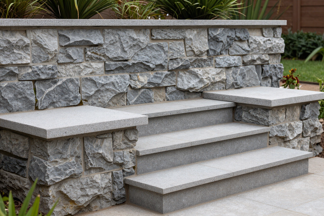 Retaining wall with built-in seating and steps