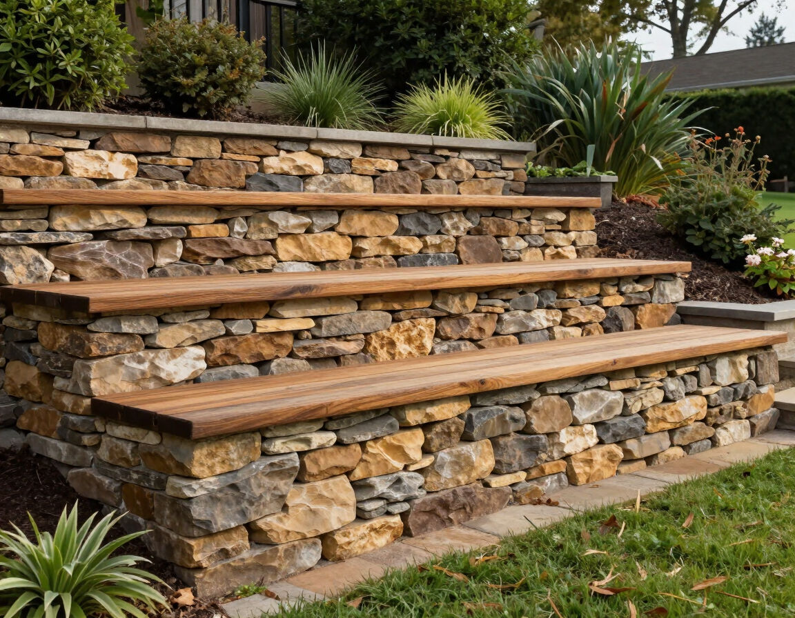 Retaining wall with built-in seating steps