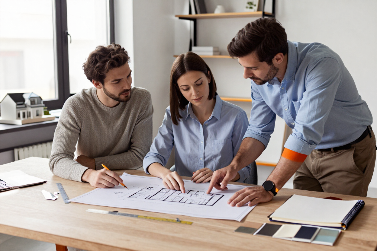 Homeowners reviewing plans with a builder