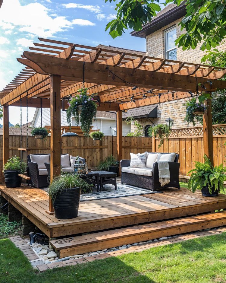 Cedar pergola and deck in a luxury backyard