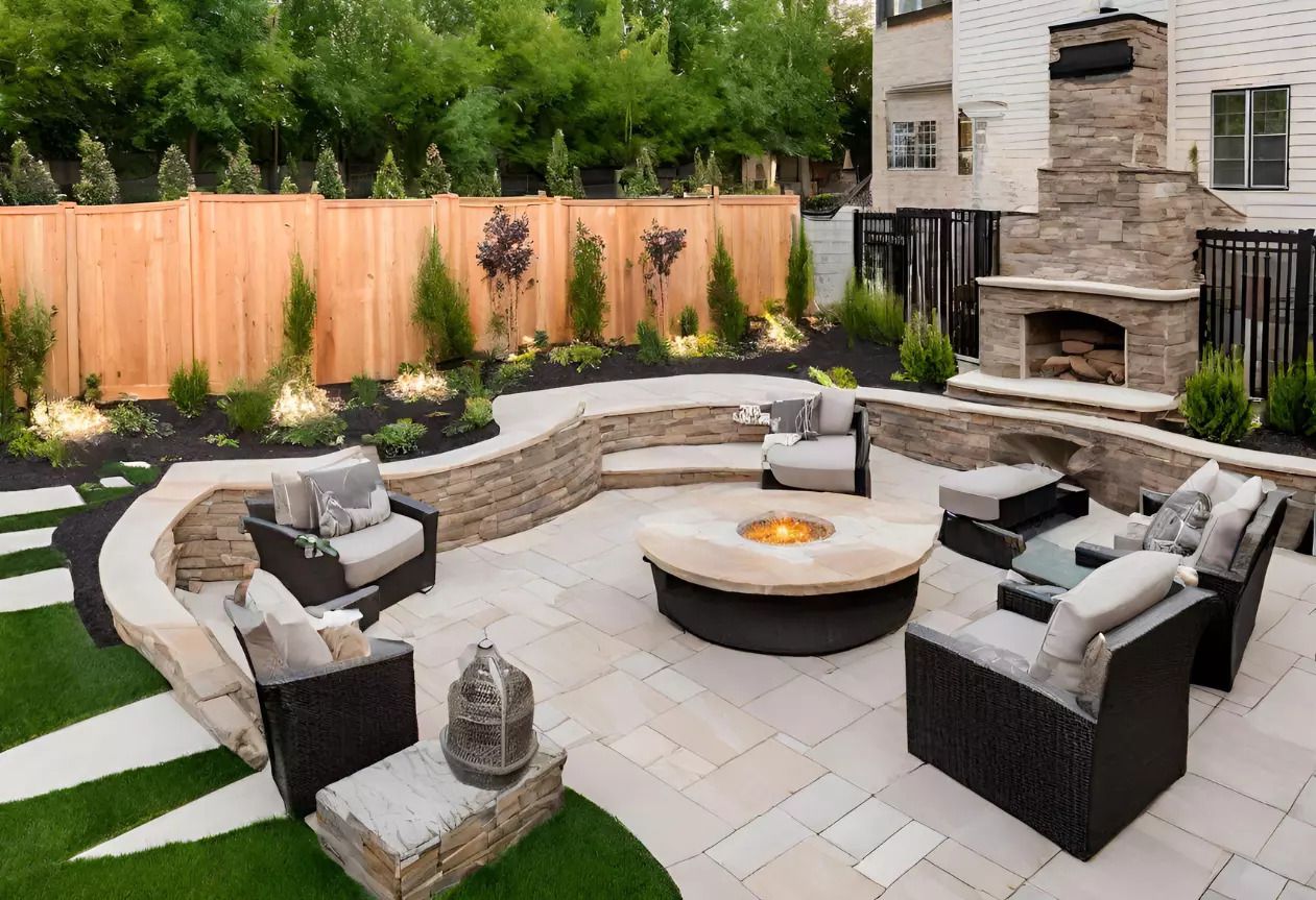 Hardscaping with outdoor kitchen, patio, and fireplace