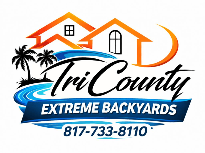 Tri County Extreme Backyards logo with orange house roofs, palm trees, blue wave, and phone number 817-733-8110