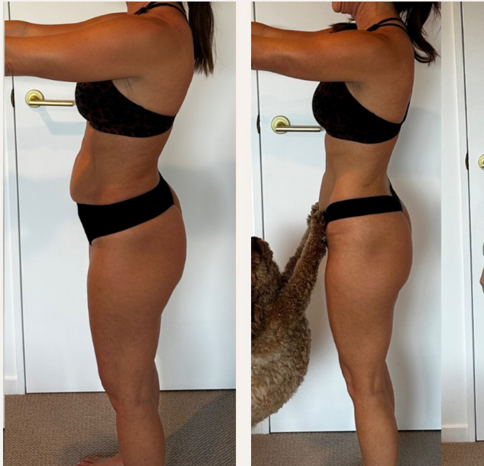 Side-profile before and after photos of a woman in a leopard-print sports bra and black briefs, both with arms held forward. A white door and grey floor are behind her, and part of a dog is visible in the right photo from The Embodied Collective