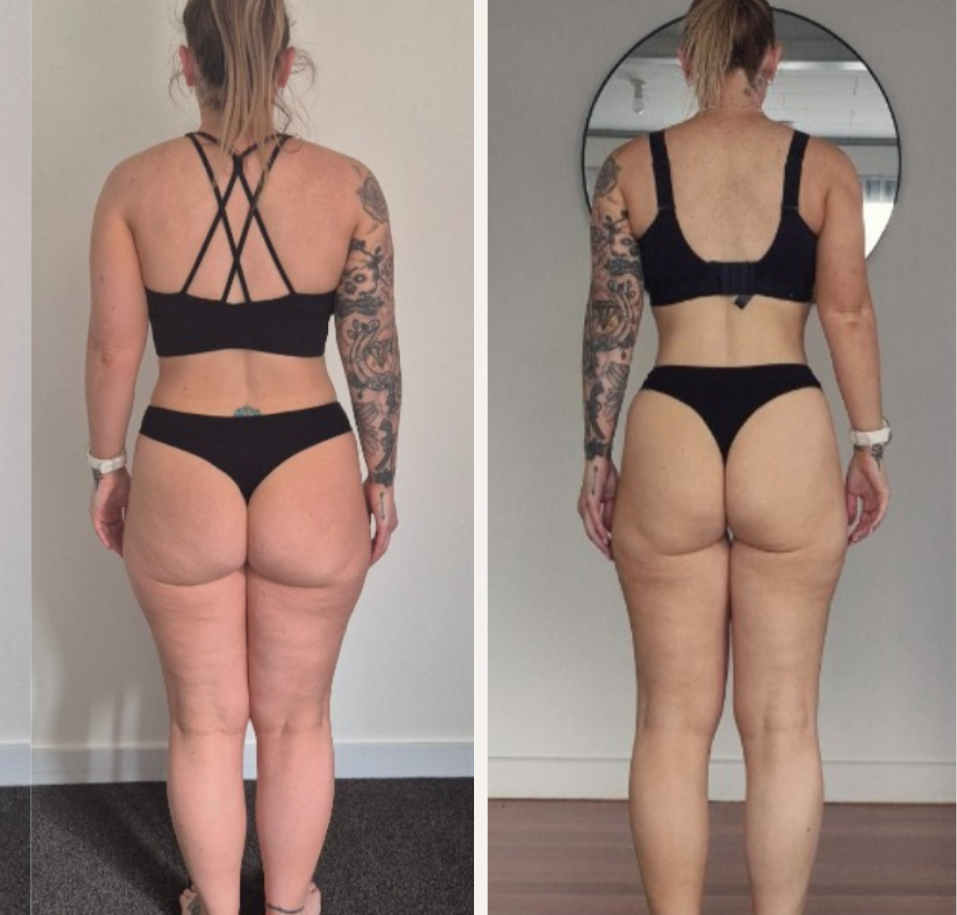Before and after back-view photos from The Embodied Collective, showing a woman in black workout wear.