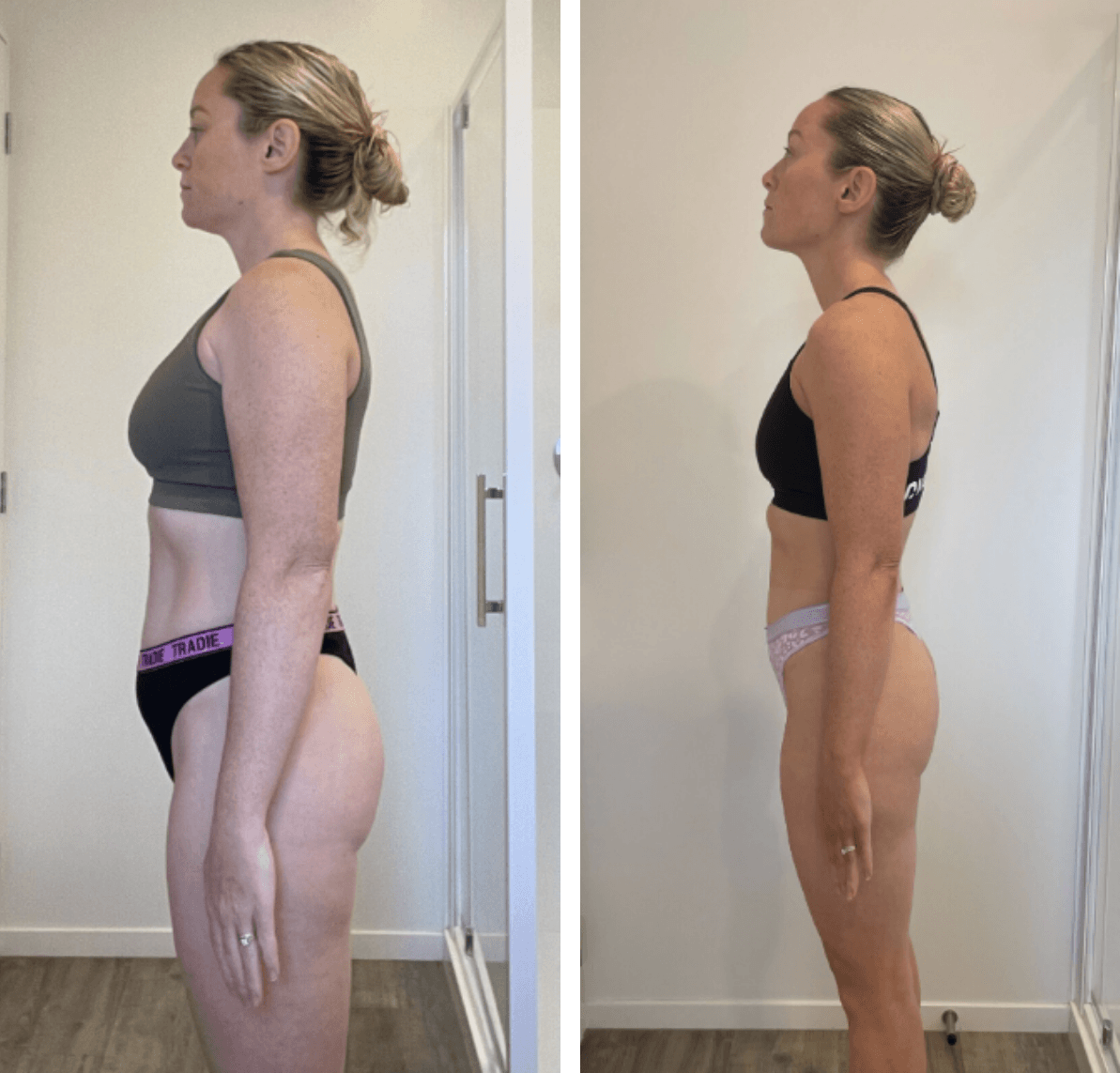 The Embodied Collective women’s fitness transformation: side-profile before and after photos of a woman with her hair in a bun, in a grey sports bra and black briefs on the left, and a black sports bra on the right.