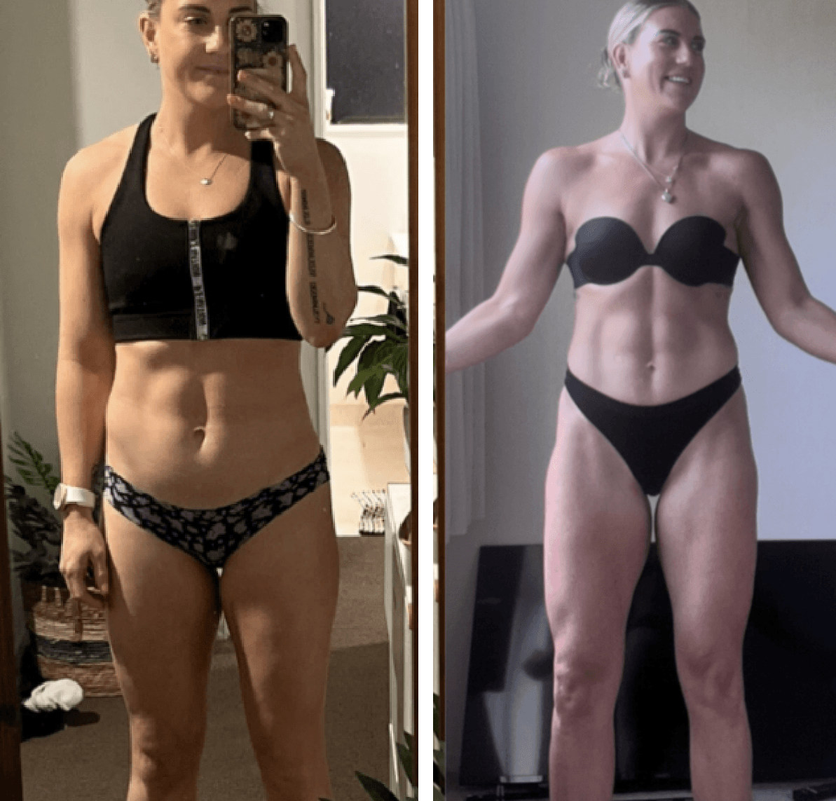 Before and after front-view photos from The Embodied Collective of a woman in workout wear. The left photo shows her in a black zip-front sports bra and patterned briefs, taken in a mirror with a phone in hand. The right photo shows her in a black bandeau and briefs, with her arms out to the side.