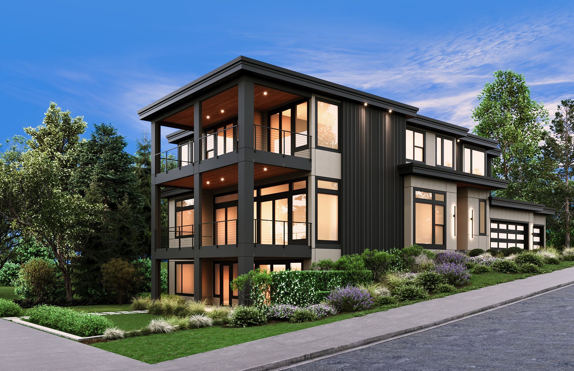 Modern multi-story house with large windows, dark trim, and landscaped yard on a sloped street