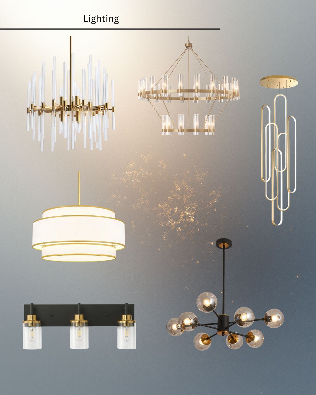 Collage of six modern gold, white, and black ceiling chandeliers on a gray background