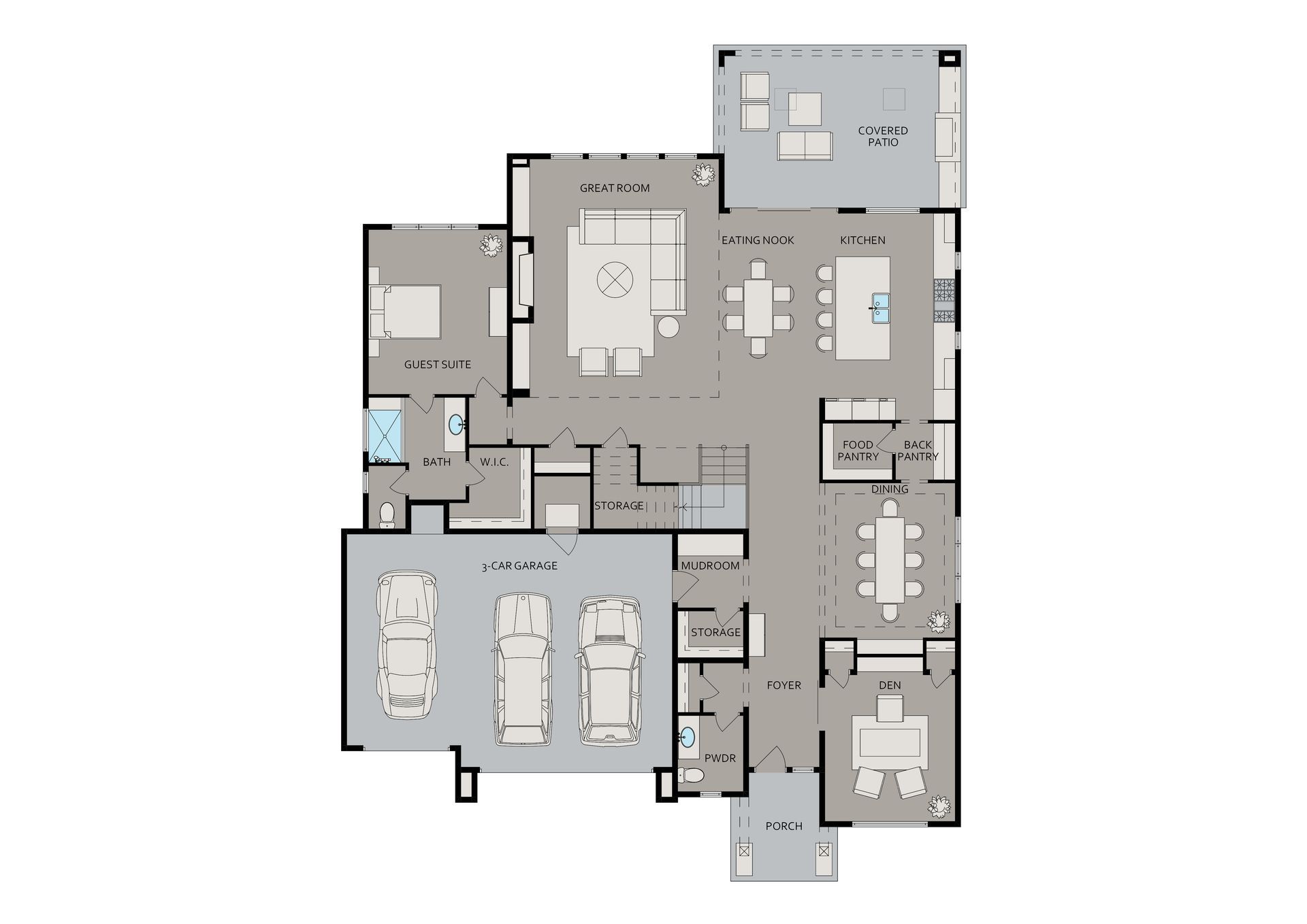 A floor plan of a house with a lot of rooms and a garage.