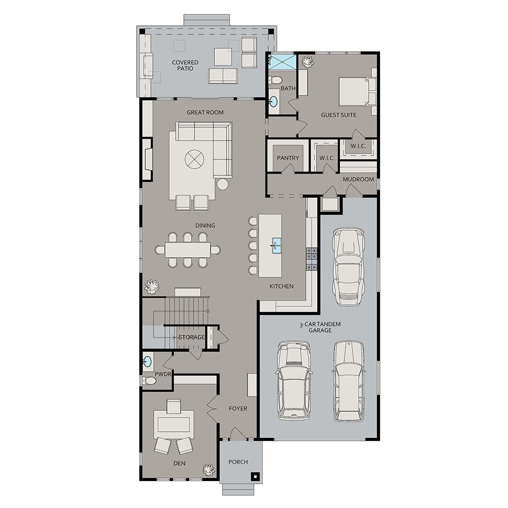 A floor plan of a house with three cars in the garage.