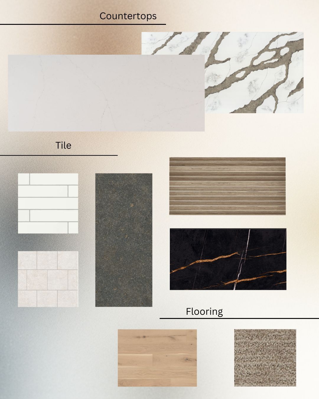 Countertop, tile, and flooring material samples in neutral tones with marble, wood, and stone textures.