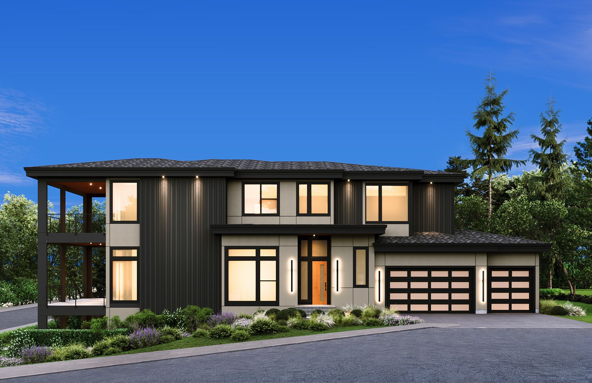 Modern two-story house exterior with dark siding, large windows, and a double garage at dusk