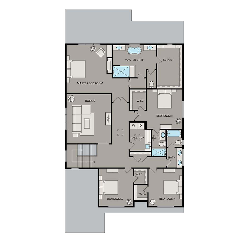 A floor plan of a house with a lot of rooms and a staircase.