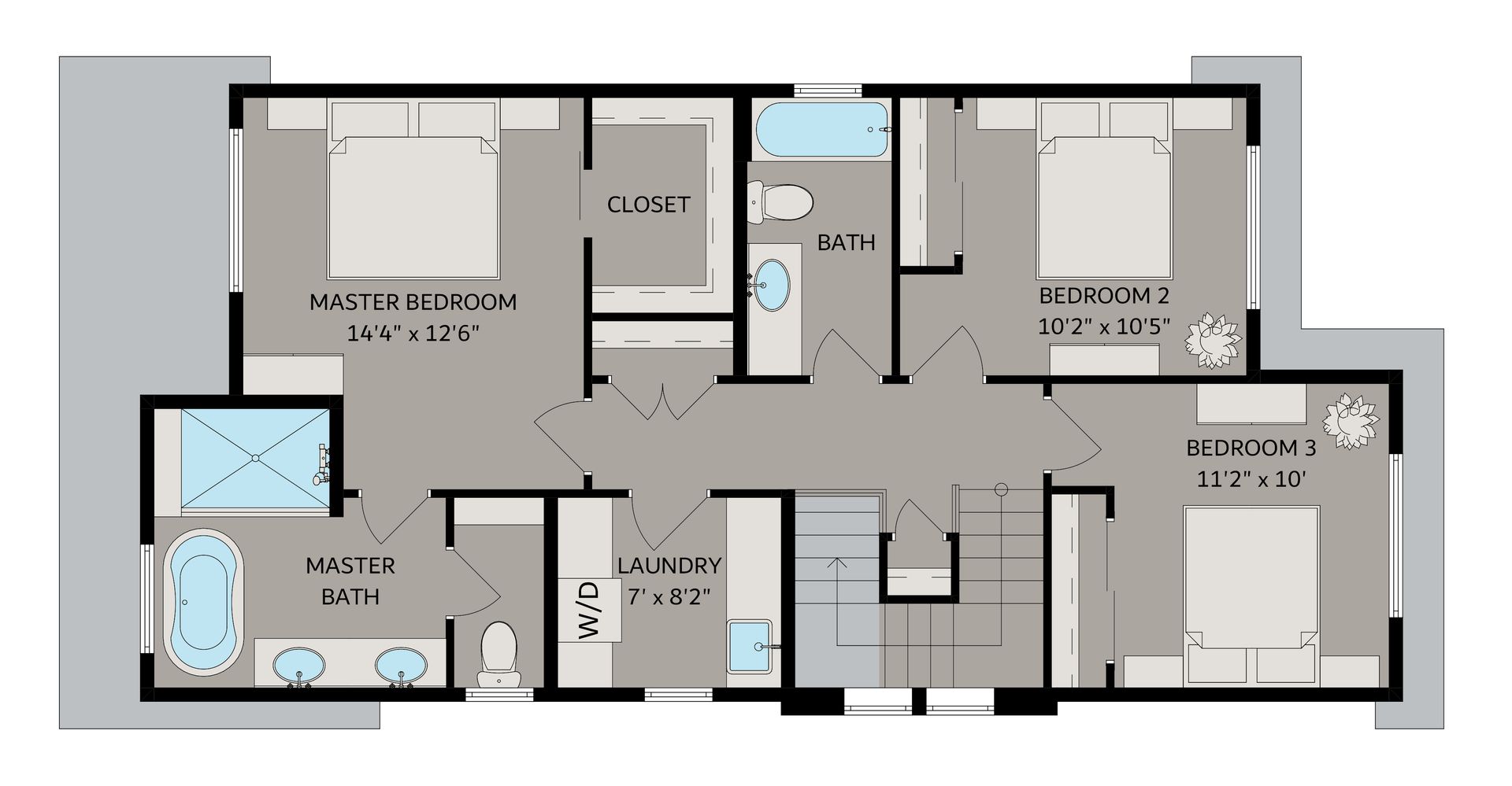 A floor plan of a house with three bedrooms and a bathroom