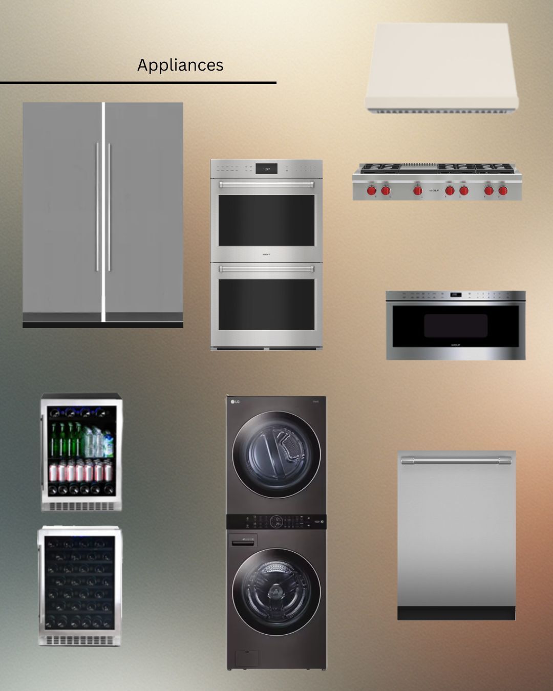 Assorted kitchen appliances on a beige background, including a refrigerator, ovens, cooktop, dishwasher, and washer-dryer.
