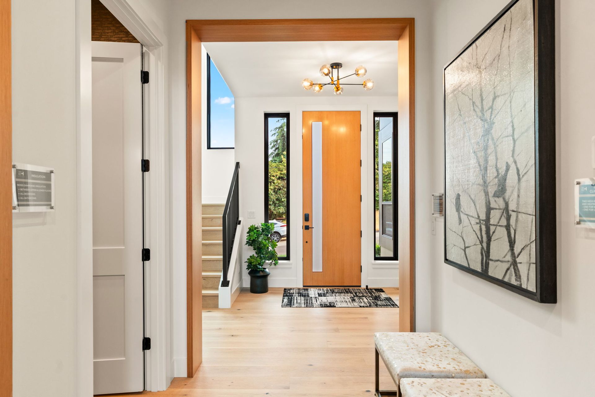 Bright entry hallway with wood floor, front door, narrow windows, and wall art.