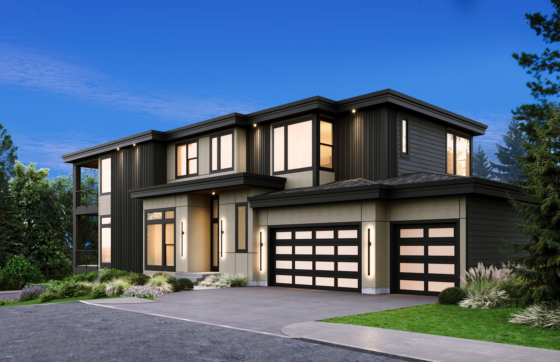 Modern two-story house with gray siding, lit windows, and a three-car garage at dusk