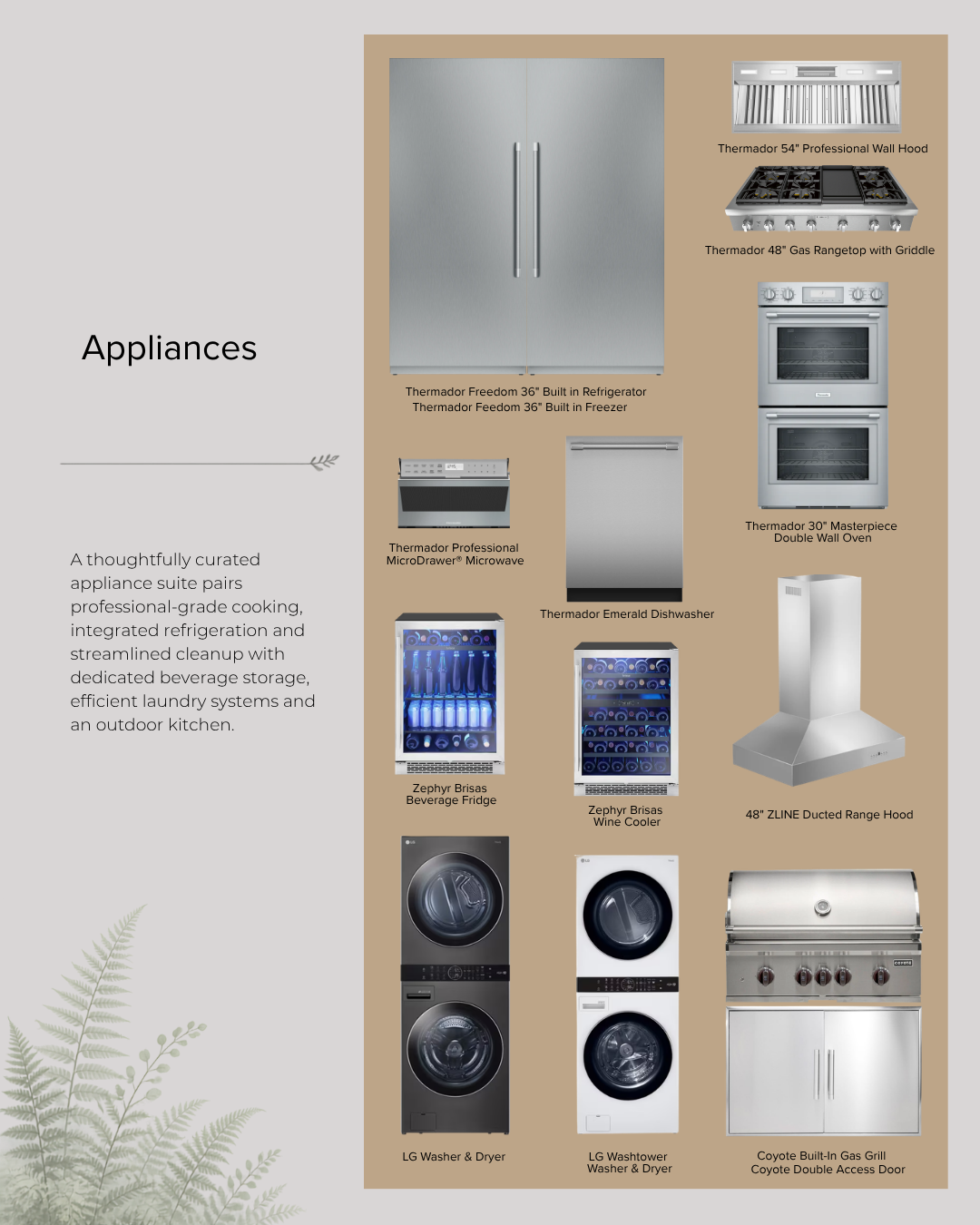 Appliances catalog page with photos of refrigerators, ovens, range hood, cooktops, and laundry machines on beige background