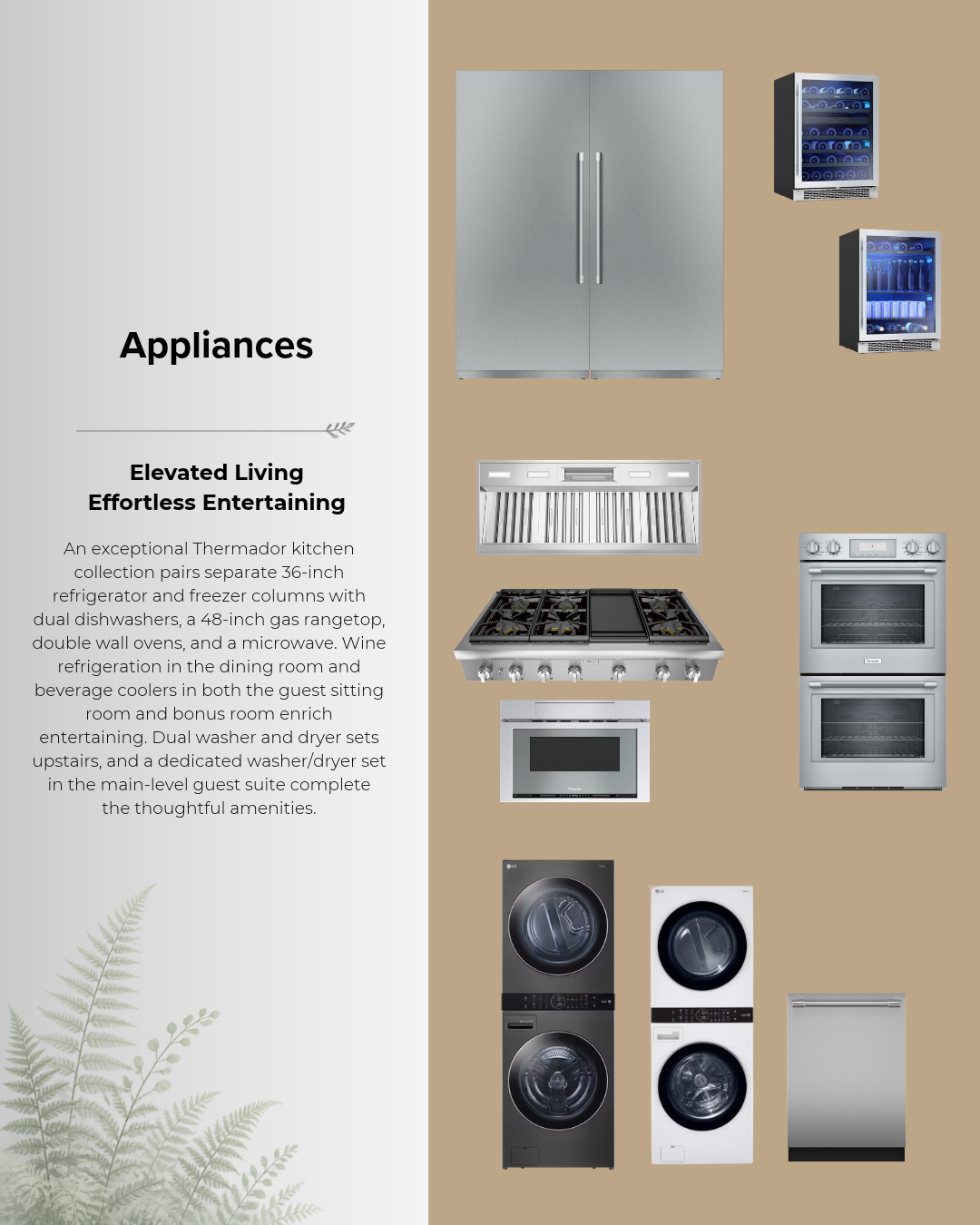 Appliances brochure page with kitchen and laundry appliances, including fridge, stove, ovens, washer and dryer.