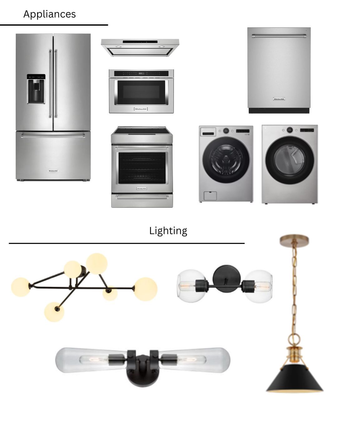 A picture of appliances , lighting , and a pendant light.