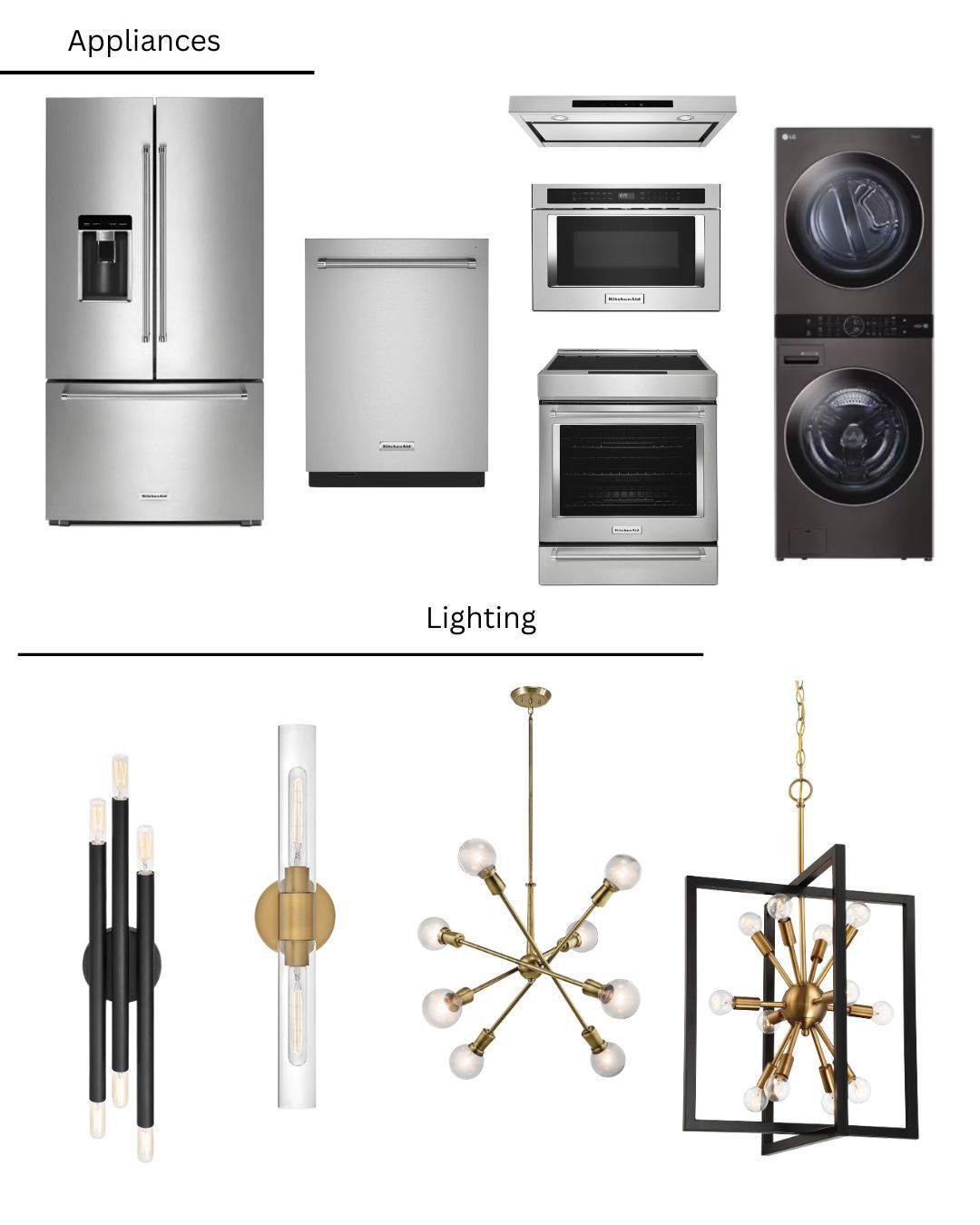 A picture of appliances and lighting on a white background.