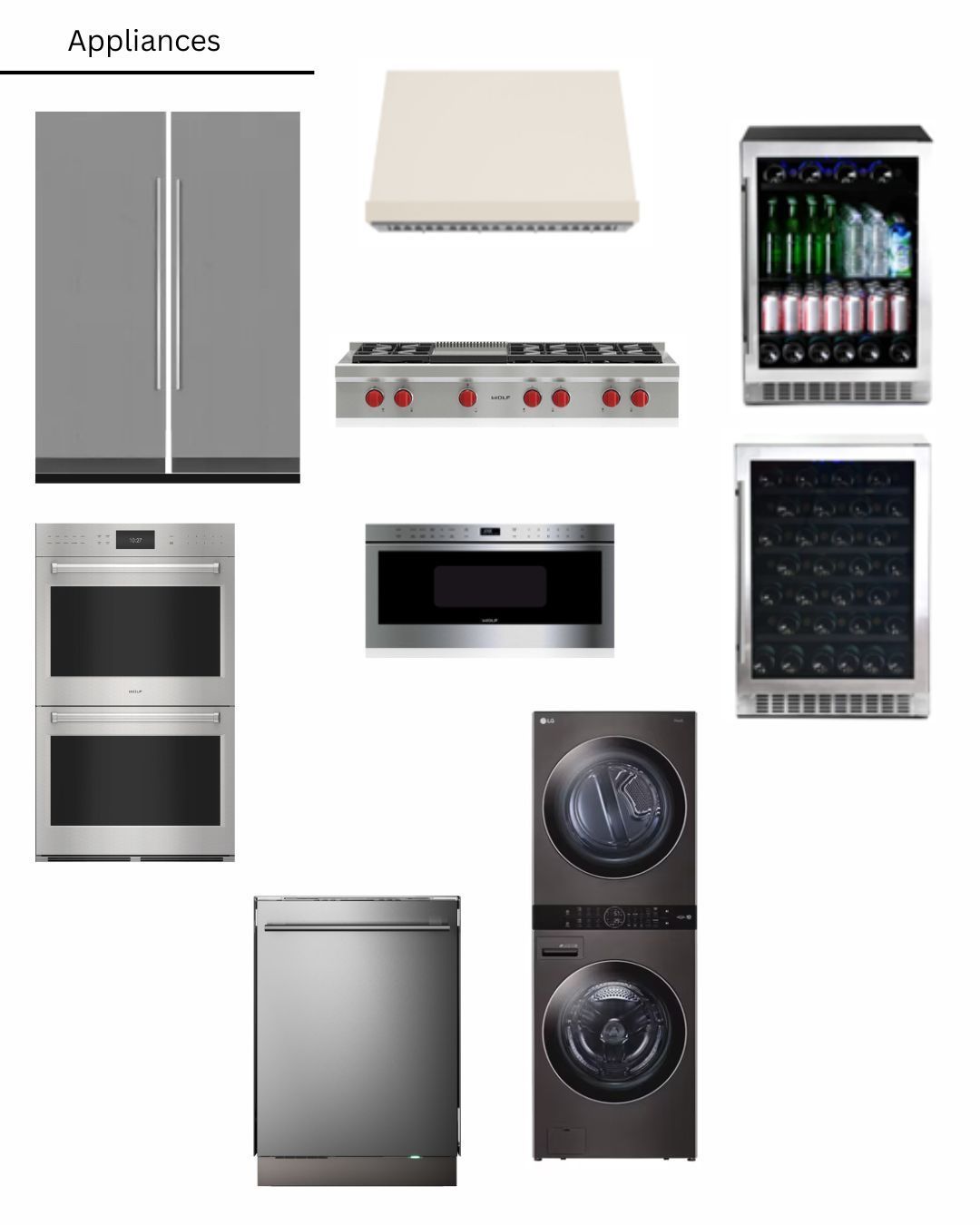 A variety of appliances are shown on a white background