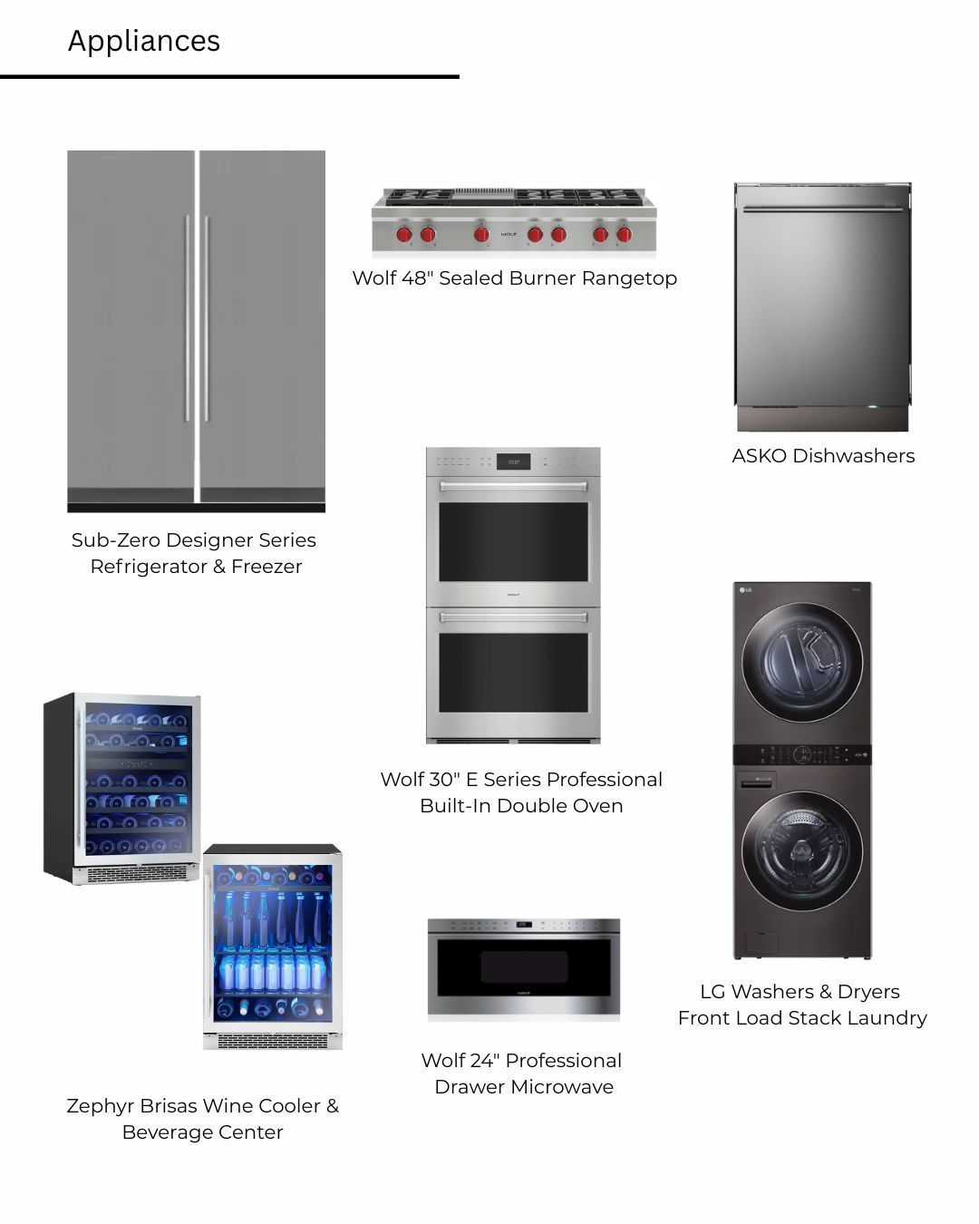 Appliances: refrigerator, range, dishwasher, wine coolers, double oven, microwave, and stacked washer/dryer.