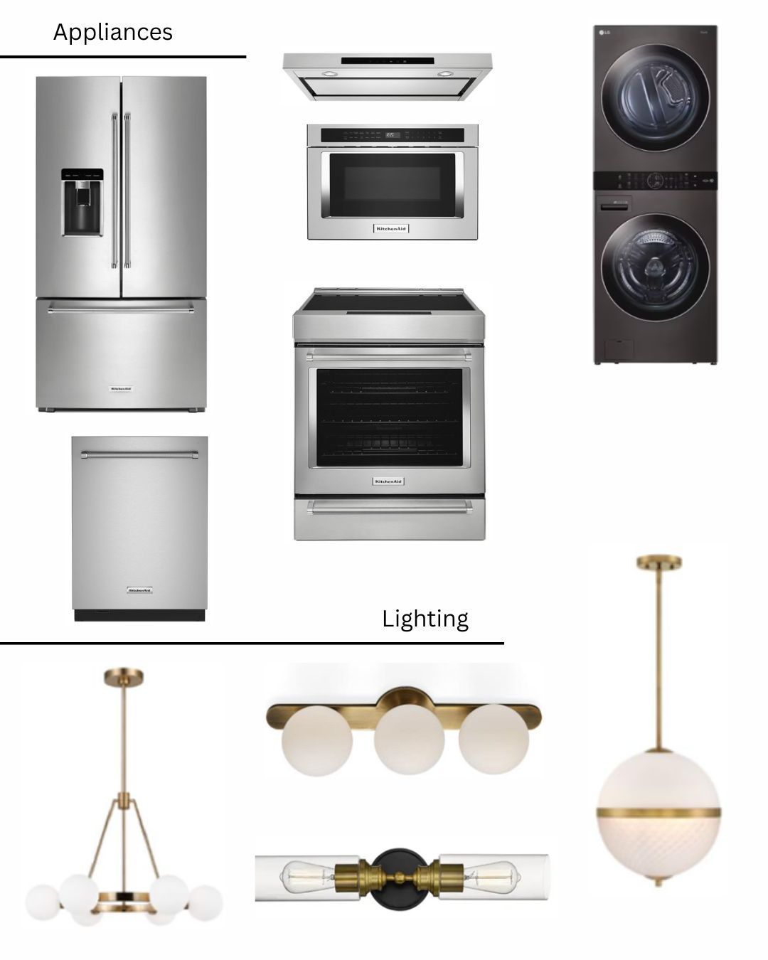 A collage of appliances , lighting , and a chandelier.