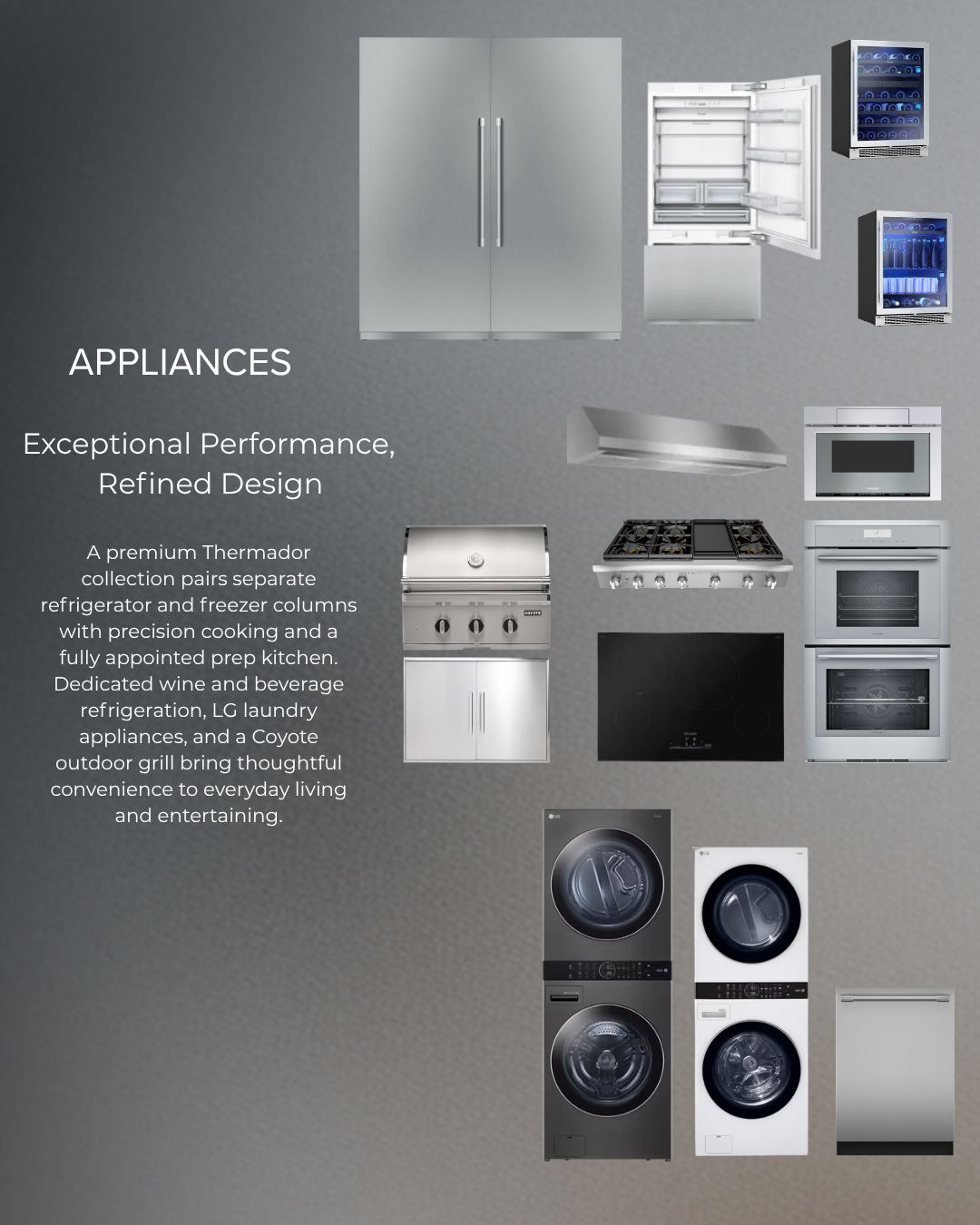 Gray appliance catalog collage with refrigerator, oven, microwave, cooktop, dishwasher, washer, and dryer