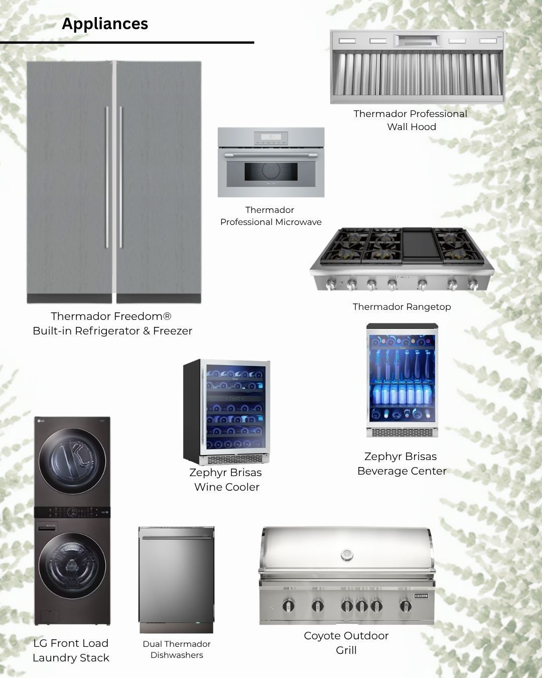 Collage of modern home appliances: refrigerator, oven, range hood, stove, washer, dryer, wine cooler, dishwasher, and grill.