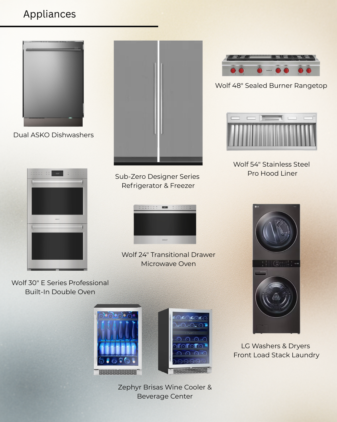 Appliances: dishwasher, refrigerator, gas range, hood, ovens, microwave, wine coolers, washer and dryer.