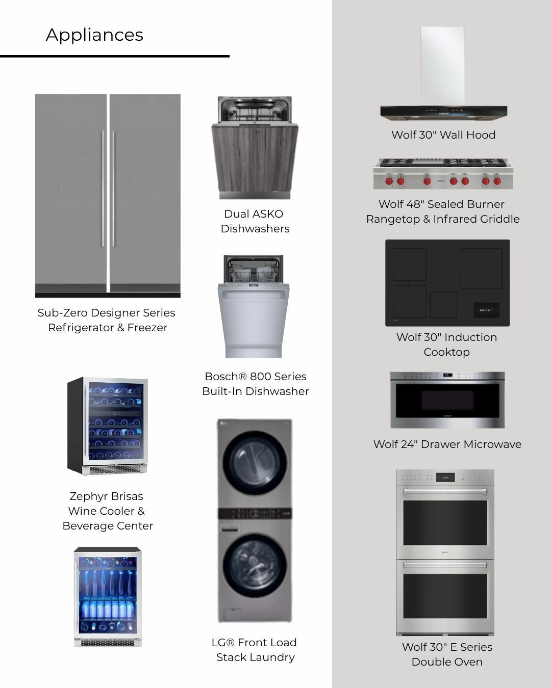 Kitchen appliances: refrigerator, dishwasher, stove, oven, wine cooler, washer, dryer, and microwave.