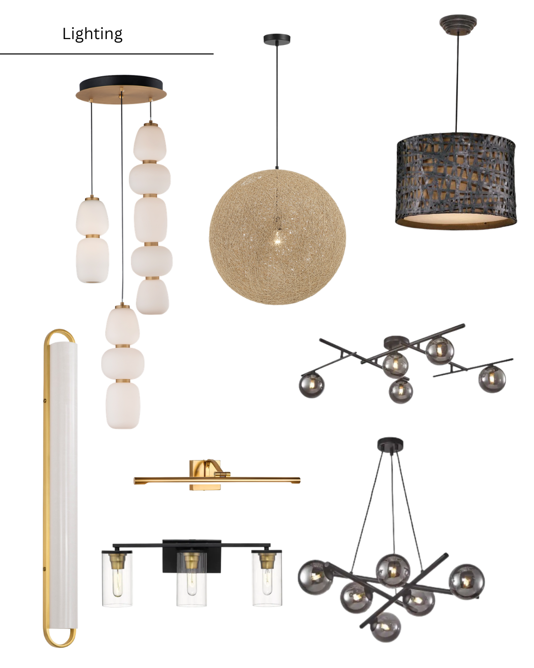 Assortment of modern pendant and vanity lights in gold, black, and white finishes.