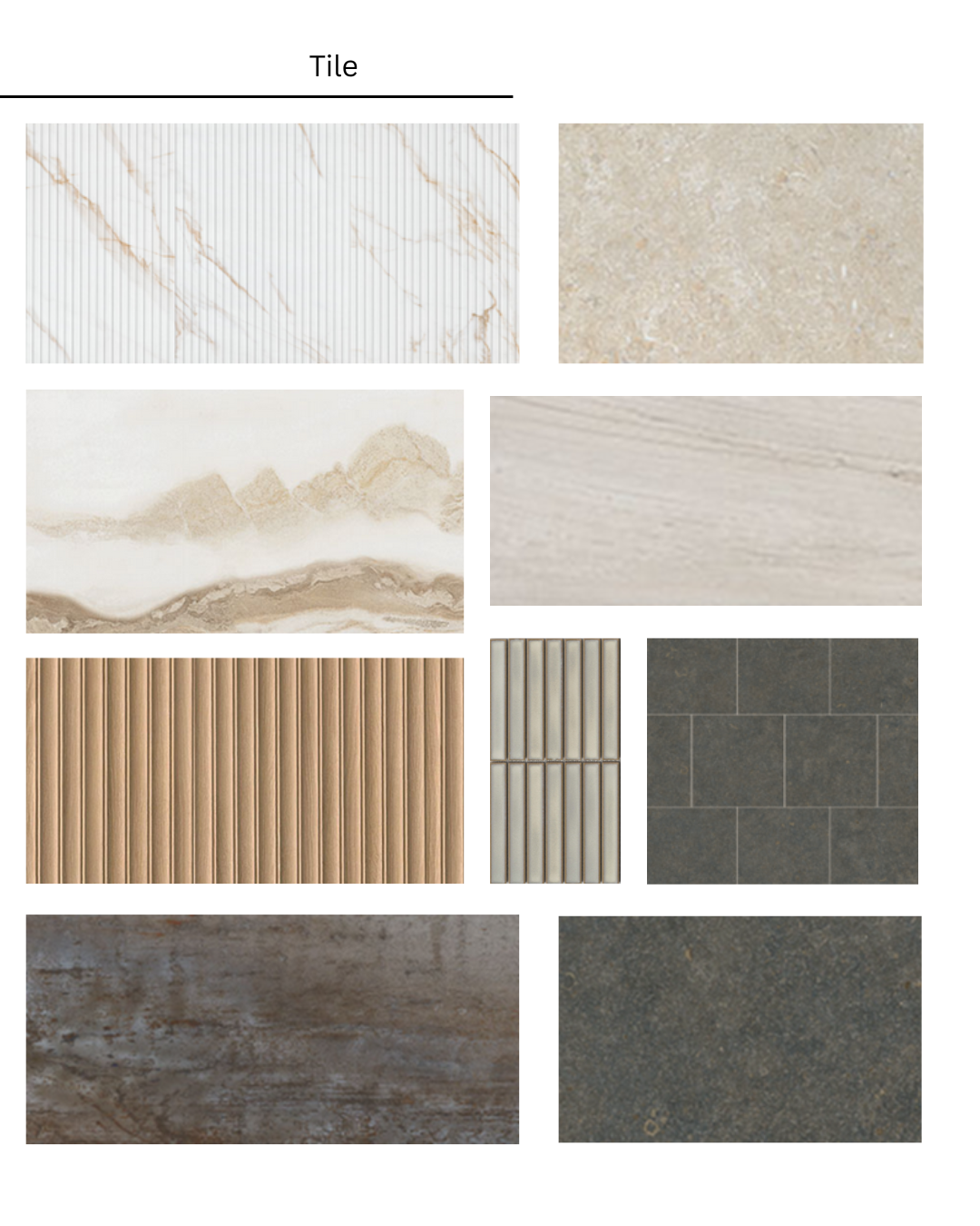 Tile samples in various colors and textures, including beige, brown, and gray.
