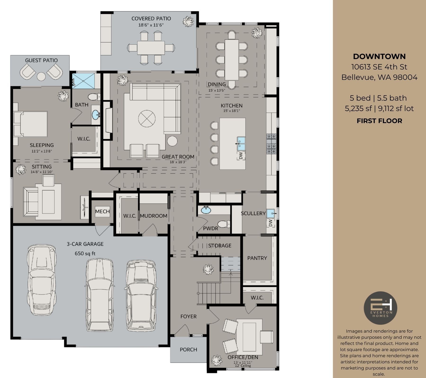 First floor plan of a house with labeled rooms, garage, kitchen, dining, living room, bedrooms, and baths.