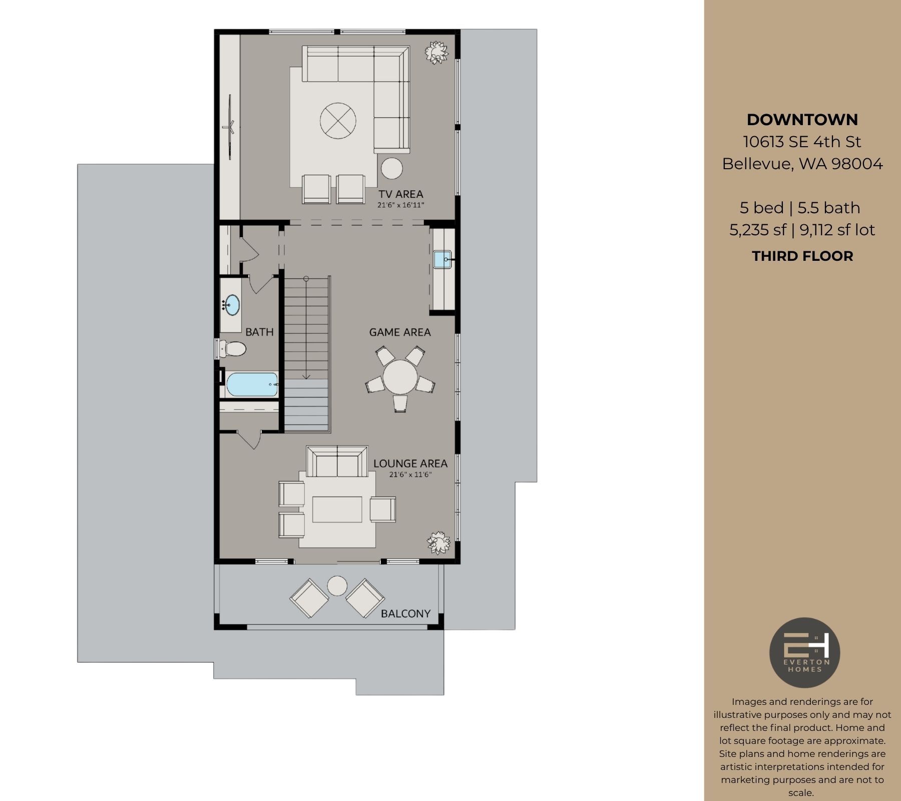 Third floor plan of a downtown house with labeled rooms, furniture layout, and dimensions.